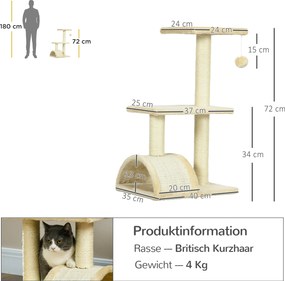 PawHut Drapak dla Kotów 72 cm Wieża z Pluszową Kulą, Słupami z Sizalu, Platformą, Deską do Drapania Kremowy