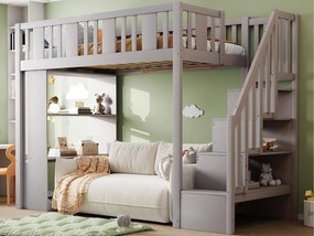 Łóżko typu mezzanine 90x200cm - ze schodami do przechowywania - z komorami do przechowywania - szare (materac nie wliczony)