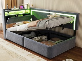 Rozkładana sofa 90x200cm - z oświetleniem LED - z portami USB - tkanina welurowa - ciemnoszary​ (materac nie jest wliczony w cenę)