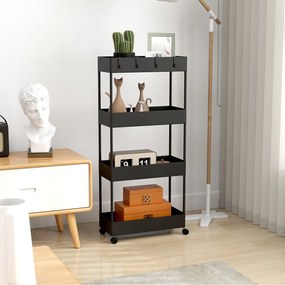 HOMCOM Wózek kuchenny z 4 półkami, 4 elastycznymi hakami, 4 kółkami, 40 cm x 19 cm x 90 cm, Wózek do niewielkich przestrzeni, Czarny