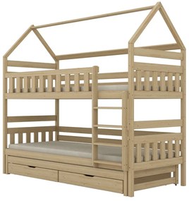Łóżko piętrowe domek FELIKS 180x90 sosna lakierowana drewniane trzyosobowe z szufladami KOCOT KIDS