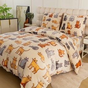 PrzytulneMieszkanie.pl PrzytulneMieszkanie.pl PrzytulneMieszkanie.pl Zestaw pościeli z mikropluszu COLORED CATS kremowy + prześcieradło z mikropluszu SOFT 90x200 cm białe, jednoosobowe łóżko