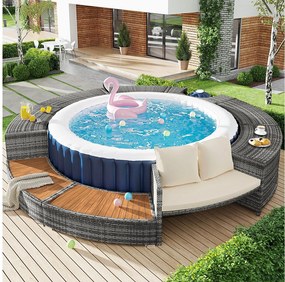 Zestaw mebli ogrodowych z okrągłą sofą z wikliny żywicznej - miejsce do przechowywania - Szary (bez basenu)