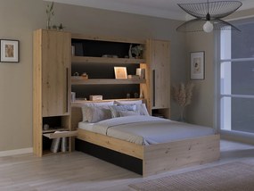 Zabudowa wokół łóżka  ze skrzynią i i oświetleniem LED - szer. 269 cm - Naturalny i czarny - VARLY