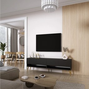 Szafka pod telewizor 170, fronty ryflowane, Czarny Mat, nóżki pochyłe złote, 170 × 32 × 52 cm