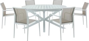Zestaw mebli ogrodowych jadalnianych z aluminium: rozkładany stół dł. 150/200 cm i 6 sztaplowanych foteli - Jasnoszary i biały - YOHA marki MYLIA