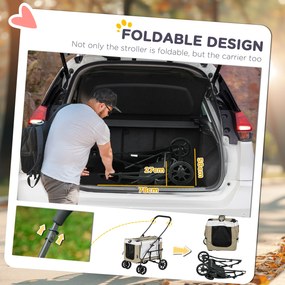 PawHut Wózek dla zwierząt domowych, składany, zdejmowany kosz, 81 x 58 x 97,5 cm, Czarny+Khaki+Biały