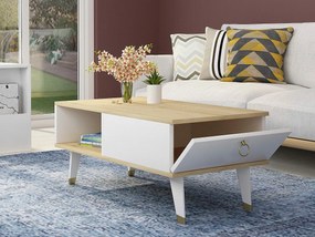 Biały stolik kawowy z drewna "Delux" 90x45x42 cm z szufladą, wykończenie dąb, elegancki design i praktyczne przechowywanie