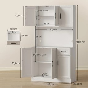 HOMCOM Szafka kuchenna, 180,5 cm, kredens, blat roboczy, otwór na kabel, regulowane półki, MDF, Biały