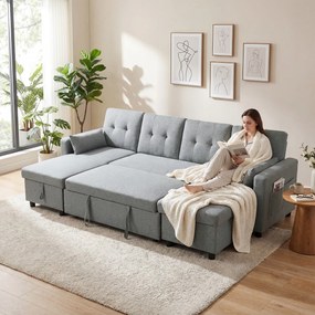 HOMCOM Narożnik z funkcją spania i pojemnikiem na pościel U-kształtny 4-osobowa sofa z szezlongiem, regulowane oparcie, tkanina o wyglądzie lnu | Aosom PL