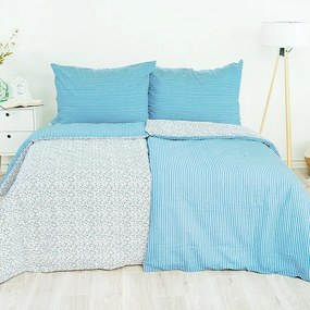 Stanex Pościel bawełniana Kwiatek-pasek niebieski, 140 x 200 cm, 70 x 90 cm