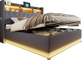 Łóżko z pojemnikiem 180 x 200 cm i zagłówkiem ze schowkiem - ładowanie USB i diody LED - tkanina lniana - szary