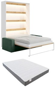 Łóżko chowane w szafie 140 x 200 cm - Otwierane ręcznie w pionie - Z oświetleniem LED - Białe i naturalne + Materac + Zielona kanapa - RAPILI