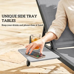 Outsunny Zestaw 2 Leżaków Ogrodowych z 5-stopniowo Regulowanym Oparciem, Bocznym Stolikiem, Kółkami, Antypoślizgowe Nogi Szary | Aosom PL