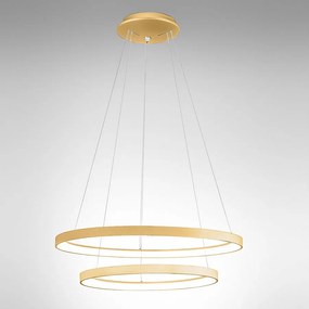 Krizia - podwójna lampa wisząca LED ściemnialna 88W, 6300 lm, ciepłe światło 3000K, pierścienie ze szczotkowanego złota, IP20, Ø60+80 cm