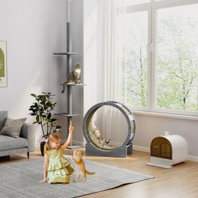 PawHut Kocie Koło Treningowe, Koło Do Biegania dla Kotów, 91 cm, z Hamulcem, Matą Do Drapania, dla Zdrowego Ruchu, Orzech