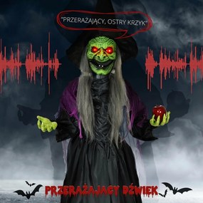 HOMCOM Czarownica z Jadowitym Jabłkiem, Dekoracje Helloweenowe, Straszne Dźwięki, Czerwone Oczy, Ruchome Ramiona, 180 cm