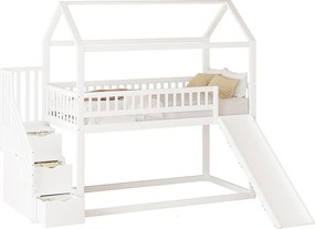 Łóżko piętrowe 90x200 cm - łóżko dziecięce z drabinką i zjeżdżalnią - białe - materac nie jest wliczony w cenę