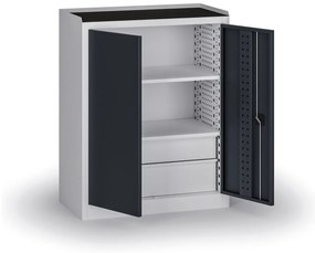 Szafa warsztatowa, 2 półki + 2 szuflady, 1180 × 950 × 500 mm, grafitowe drzwi