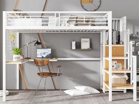 Łóżko mezzanine 90 x 200 cm - z biurkiem - z otwartą szafą - drabinka bezpieczeństwa 4 stopnie - metal + płyty wiórowe - białe (bez materaca)