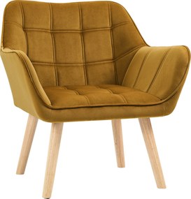 HOMCOM Fotel tapicerowany, Fotel akcentowy, Design skandynawski, Wygląd aksamitny, Do 120 kg, Nogi z drewna kauczukowego, Żółty