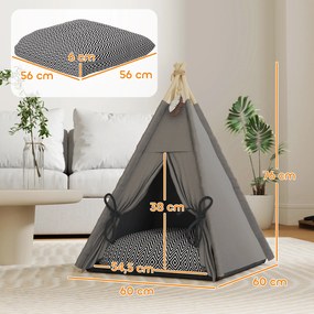 PawHut Tipi Namiot dla zwierząt, łóżko w formie namiotu tipi dla kota, namiot dla kota z poduszką, łóżko dla psa do spania, łóżko dla kota, szary