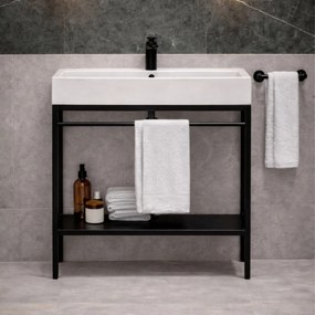 Zestaw umywalka z konglomeratu NAVI 100 x 45 cm + stojąca konsola NAVI Step | Różne kolory | Różne rozmiary : Kolor - Czarny, Otwór na baterię - Jeden otwór, Rozmiar - 100 x 45 cm