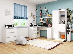 Biurko narożne AKORD B20 Białe 155 cm lewe 1 drzwi 3 szuflady kolor Biały mat 4 półki 155x85x77 cm