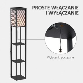 HOMCOM Lampa Stojąca z Półkami Czarna Drewniana Oświetlenie Salon E27 do 40W 26x26x160cm | Aosom PL