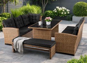 Narożnik ogrodowy technorattan Solvio ze stołem i ławką, jasnobrązowy, poduszki czarne