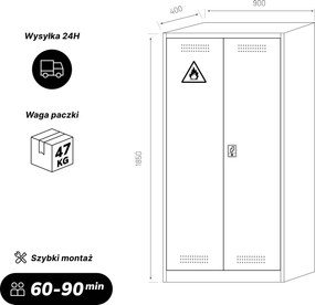 Szafa na chemikalia z wentylacją i tacami ociekowymi szaro-żółta, 900x1850x400 mm: MARIA