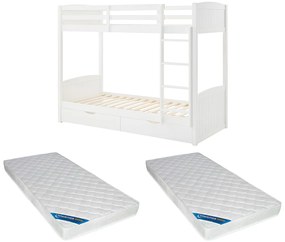 Łóżko piętrowe 2 x 90 x 200 cm - 2 szuflady - Drewno sosnowe i MDF - Biały + Materac - LIMODARA