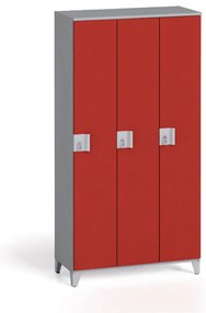 Szafa ubraniowa S4, 3-drzwiowa, 1750 x 900 x 400 mm, demontaż, zamek obrotowy, szary/czerwony