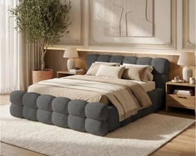 BESILIO Łóżko tapicerowane boucle 160x200 Roma - gruba pianka, pojemnik i stelaż - Szary