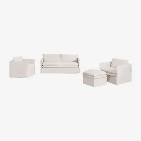 Zestaw Do Salonu Grace Z Lnu I Bawełny, Składający Się Z 3-osobowej Sofy, 2 Foteli I Pufy Tkaniny Distressed White - Sklum