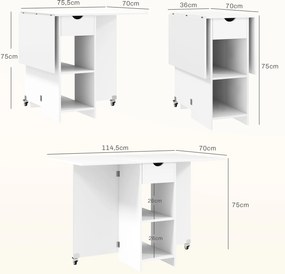 HOMCOM Składany Stół dla 2-4 osób, Składany Stół Kuchenny z Przesrzenią do Przechowywania, Rozkładany na Kołach, Biały