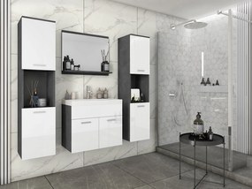 Zestaw mebli łazienkowych, komplet wiszący z umywalką, lustrem i 2 słupkami, korpus matera fronty biały połysk