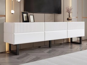 Meble pod TV 170x35x47cm - z 3 szufladami - Błyszczący lakierowany blat - Żelazne nogi - MDF - Biały i czarny