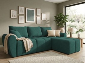 Rozkładana narożna sofa SEVIO 246x145 cm, butelkowozielona, uniwersalna + 2 poduszki GRATIS