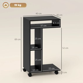 HOMCOM Stolik boczny, wózek serwisowy w kształcie C, 4 kółka, 3 przegródki, 40 x 30 x 69 cm, czarny