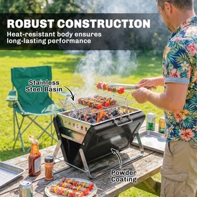 Outsunny Grill na węgiel drzewny ze stali nierdzewnej BBQ Smoker z rusztem, uchwytem, składanymi nogami do grillowania na tarasie, campingu 40x28x25,5 cm czarny | Aosom PL