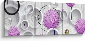 Obraz abstrakcji 3D z kołami i kwiatami (z zegarem) (90x30 cm)