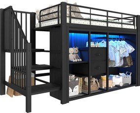 Łóżko piętrowe 90x200 cm - Łóżko dziecięce z 2 szufladami i schowkiem - czarny metal - materac nie jest wliczony w cenę