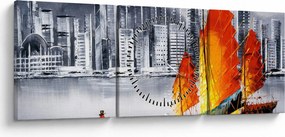 Obraz - Victoria Harbor, Hongkong, czarno-biały obraz olejny (z zegarem) (90x30 cm)