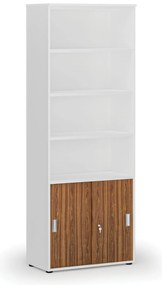 Szafa biurowa kombinowana PRIMO WHITE, drzwi przesuwne na 2 poziomach, 800 x 420 x 2128 mm, biały/orzech