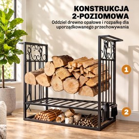 Stojak na drewno kominkowe HOMCOM z akcesoriami, regał na drewno, podstawka na drewno kominkowe, narzędzia kominkowe, Stal Czarny 75 x 30 x 60 cm