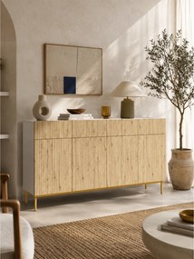 Komoda czterodrzwiowa Nicole 200 cm z szufladami - biały / dąb artisan / złote nóżki