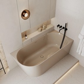 Wanna wolnostojąca narożna WALL White Matt / Glow prawa z konglomeratu biała błyszcząca/matowa 160 x 75 cm z przelewem typu SLIM : Kolor wanny - Beż połysk