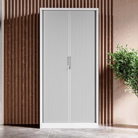 Metalowa szafa biurowa na akta z roletą DAMIAN, 900 x 1850 x 450 mm, biało-szara