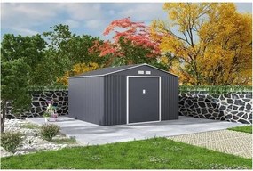 Metalowy domek ogrodowy ocynkowany 10,85 m² szary antracyt, podwójne przesuwne drzwi z zamkiem, zestaw kotwiący w zestawie